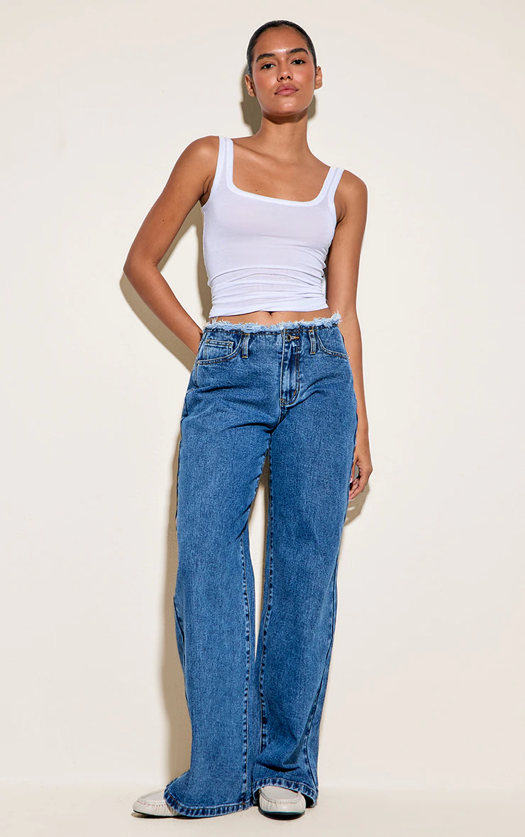 Mid Blue Wash Fray Waistband Low Waist Straight Leg Jean