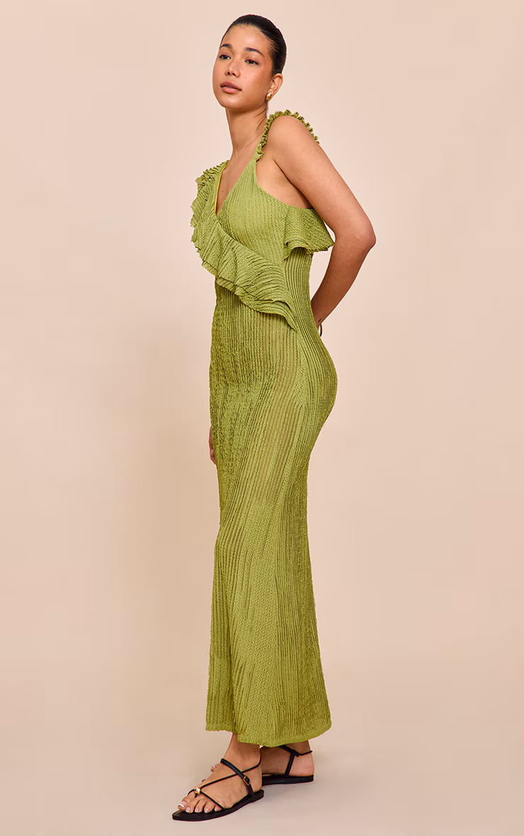Lime Textured Asymmetric Neck Maxi Dress