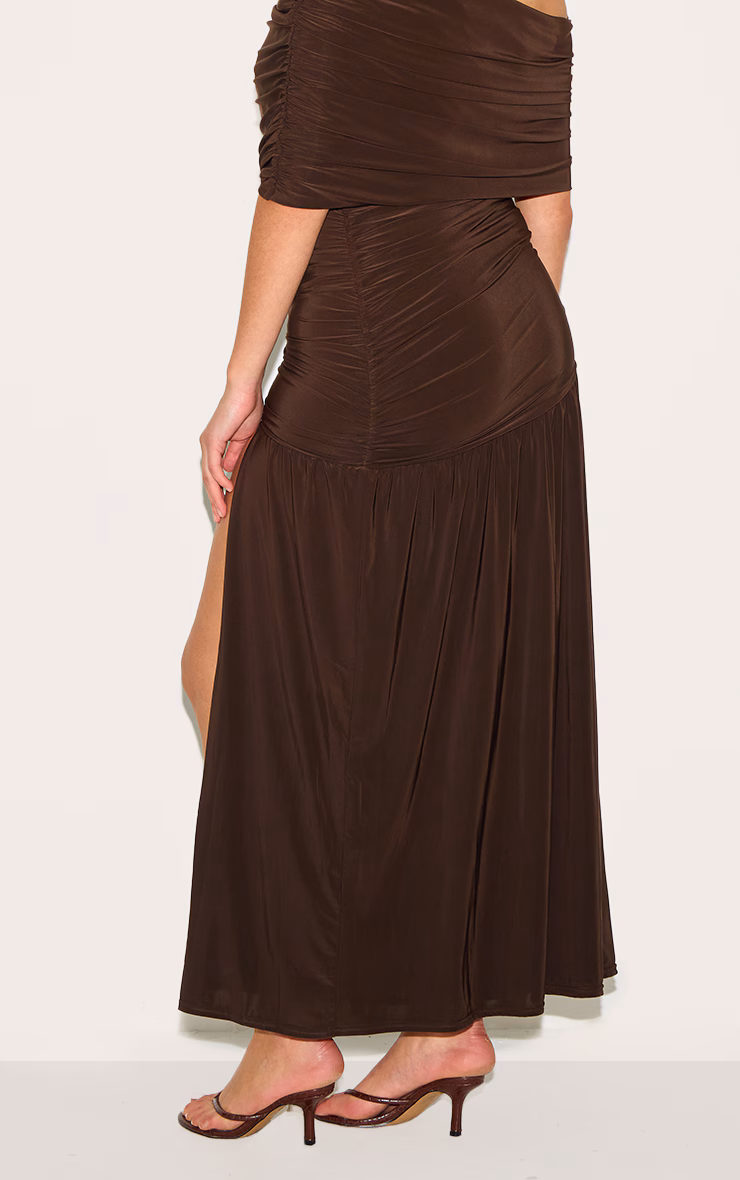 Plus Chocolate Double Layer Slinky Bardot Ruched Maxi Dress