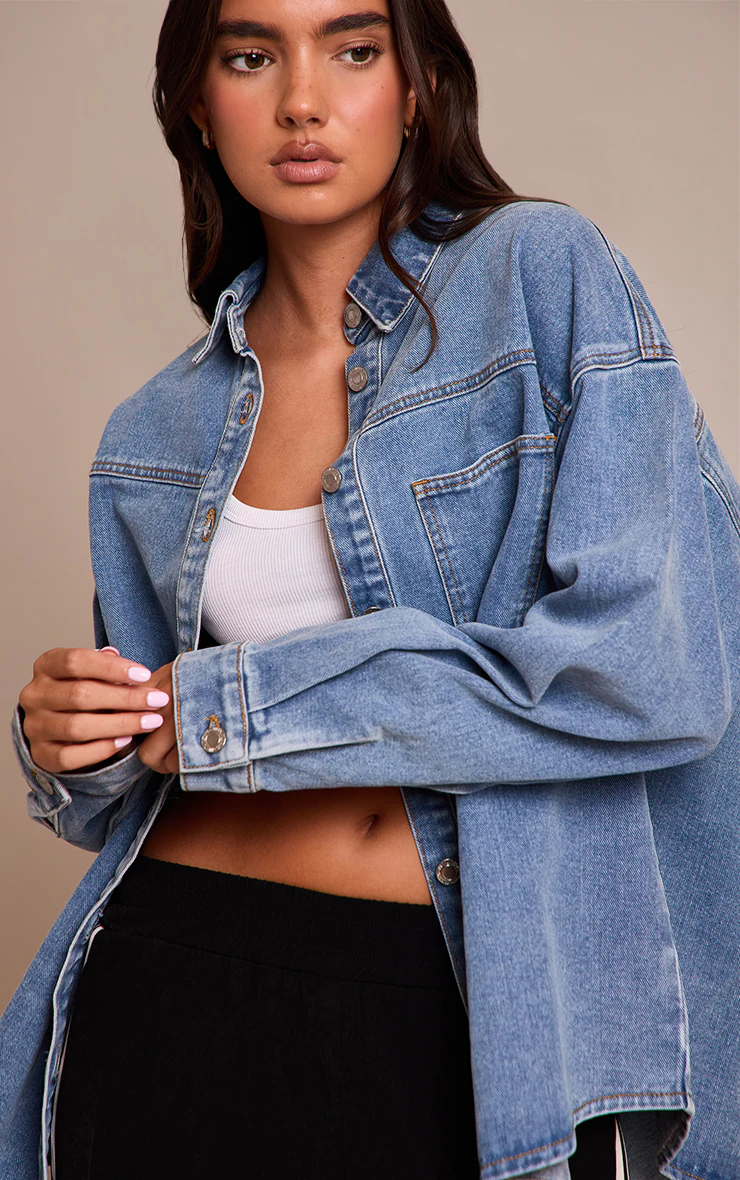 Mid Blue Wash Oversized Single Pocket Detail Denim Shirt