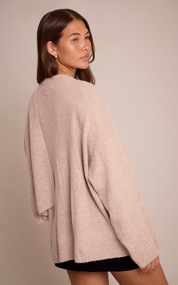 Oatmeal  Scarf Detail Soft Knit Sweater