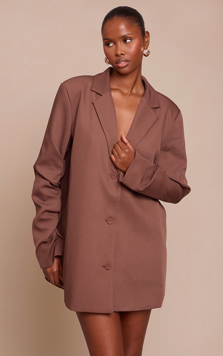 Light Brown Tailored Woven Ruched Sleeve Blazer Dress