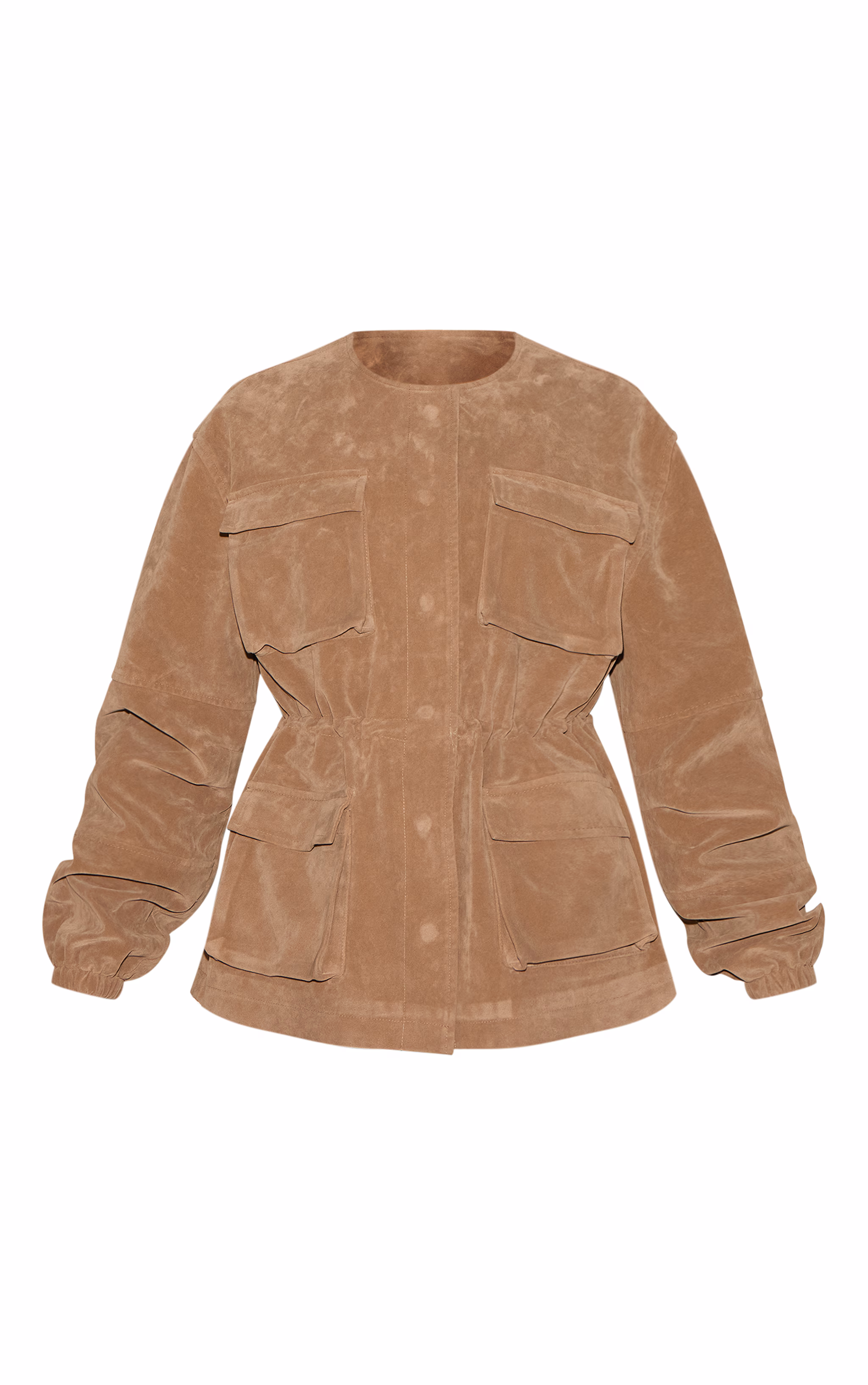 Mushroom Structured Faux Suede Pocket Detail Adjustable Waist Jacket
