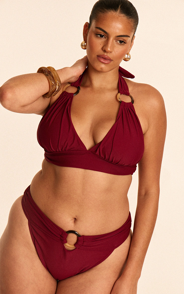 Plus Burgundy O Ring Detail Tanga Bikini Bottoms