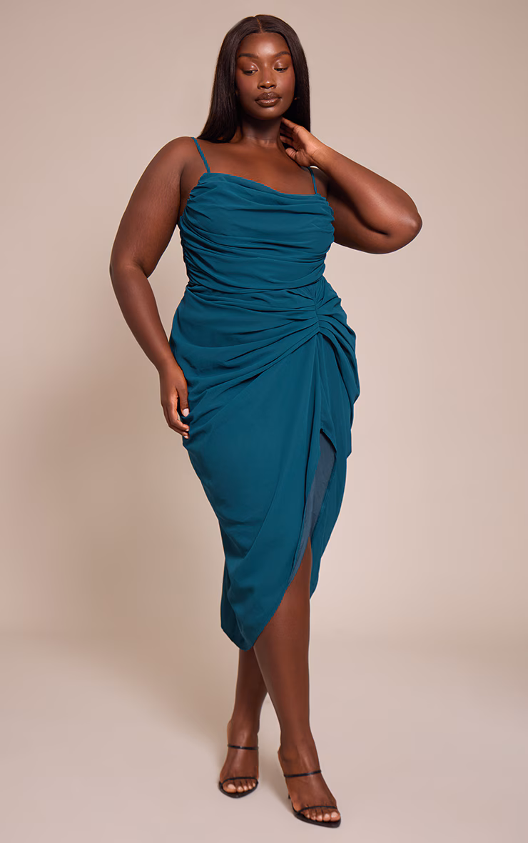 Plus Emerald Green Chiffon Ruched Drape Midi Dress