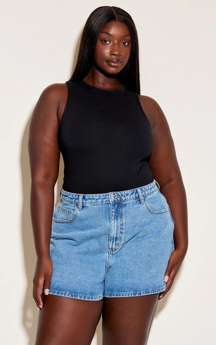 Plus Mid Blue Wash High Waist Bermuda Denim Shorts