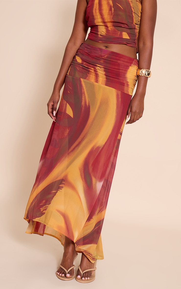 Multi Abstract Printed Chiffon Ruched Maxi Skirt