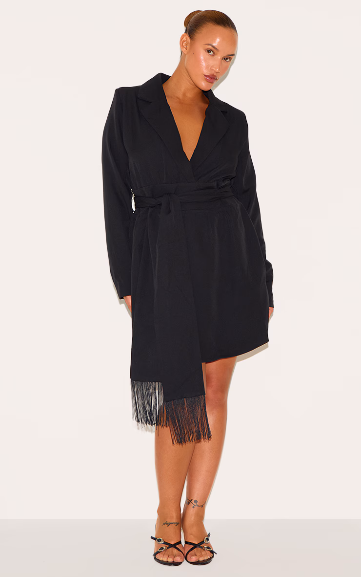 Plus Black Wrap Front Tassel Belted Dress