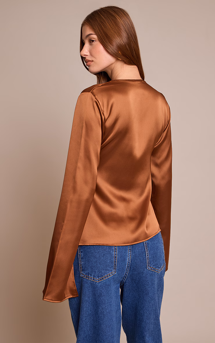 Brown Satin Tie Front Detail Long Sleeve Top