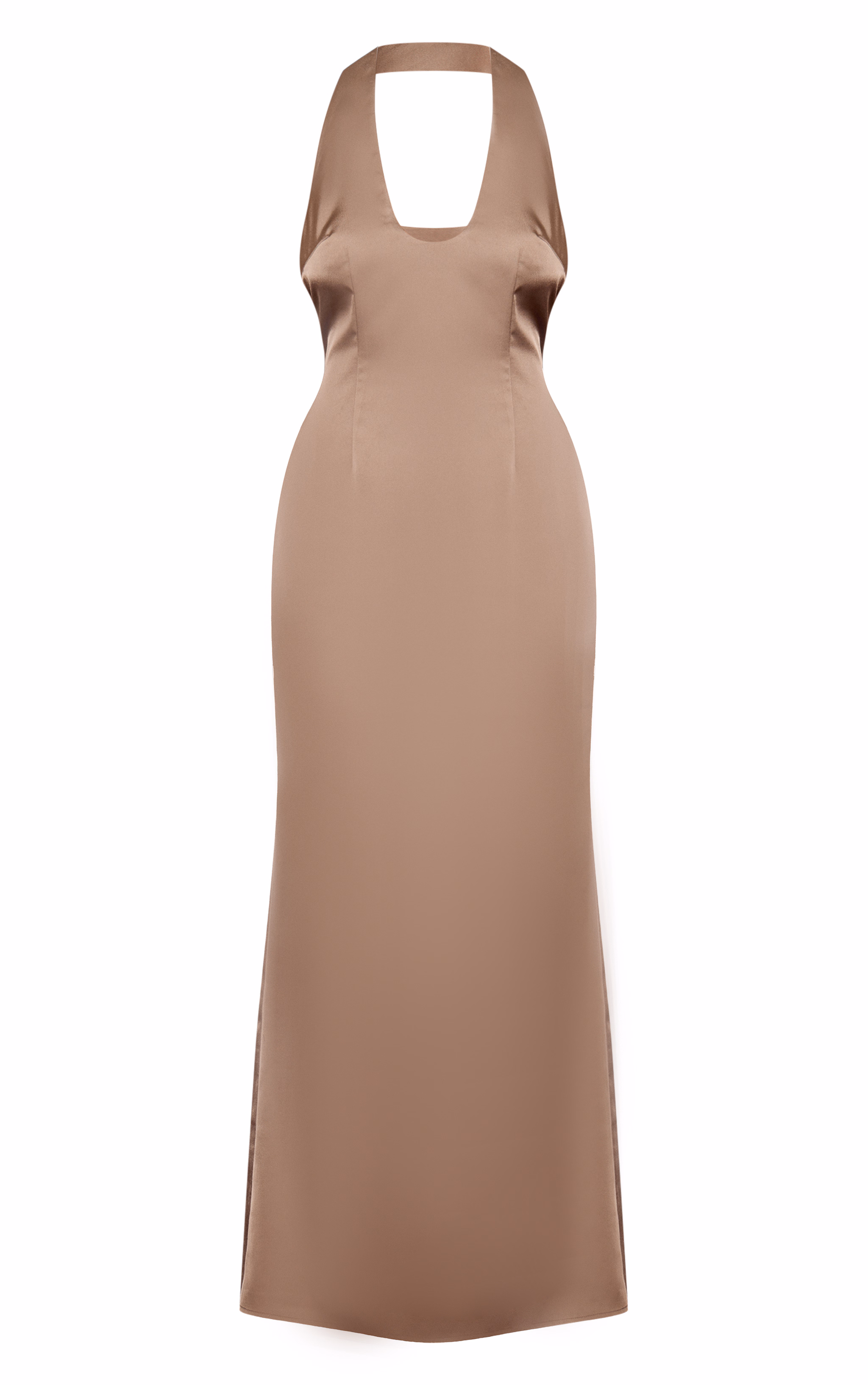 Mushroom Satin V Neck Cut Out Back Maxi Dress