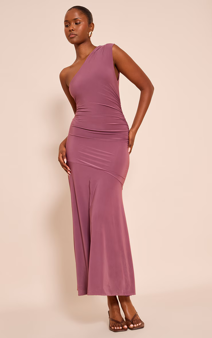 Mauve Double Layer Slinky One Shoulder Ruched Drop Hem Maxi Dress