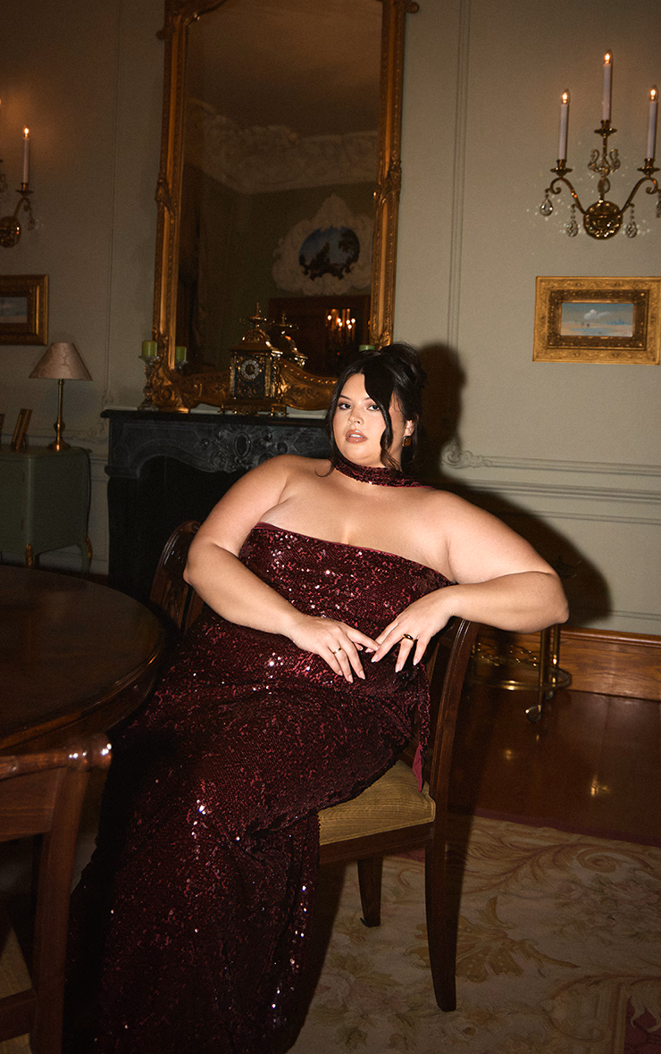 Plus Burgundy Sequin Scarf Detail Bandeau Maxi Dress