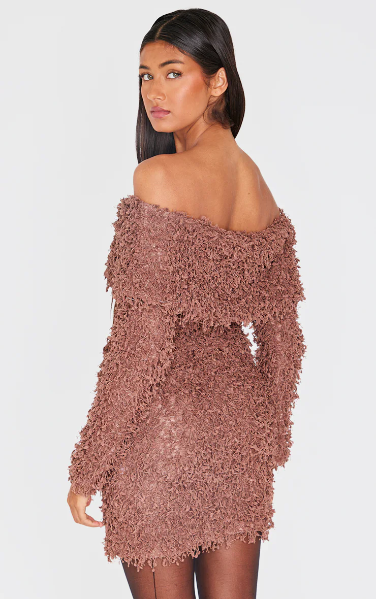 Mocha Textured Long Sleeve Fold Over Bardot Mini Dress