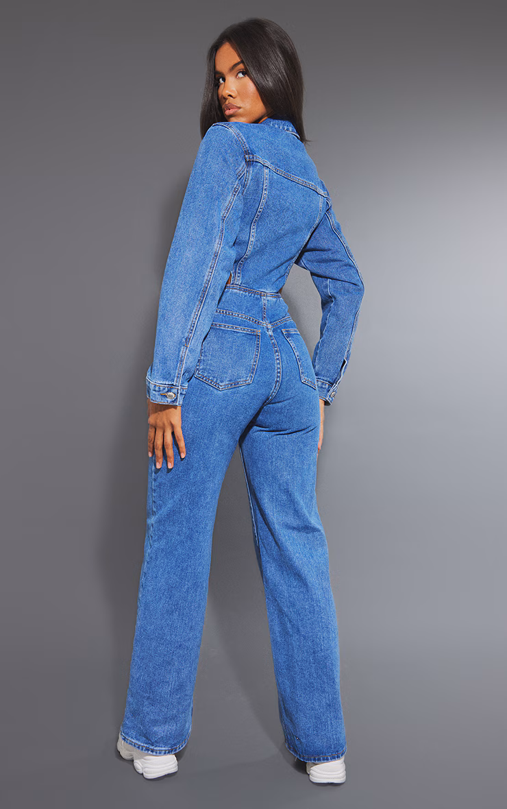 Mid Blue Wash Cut Out Waist Denim Jumpsuit