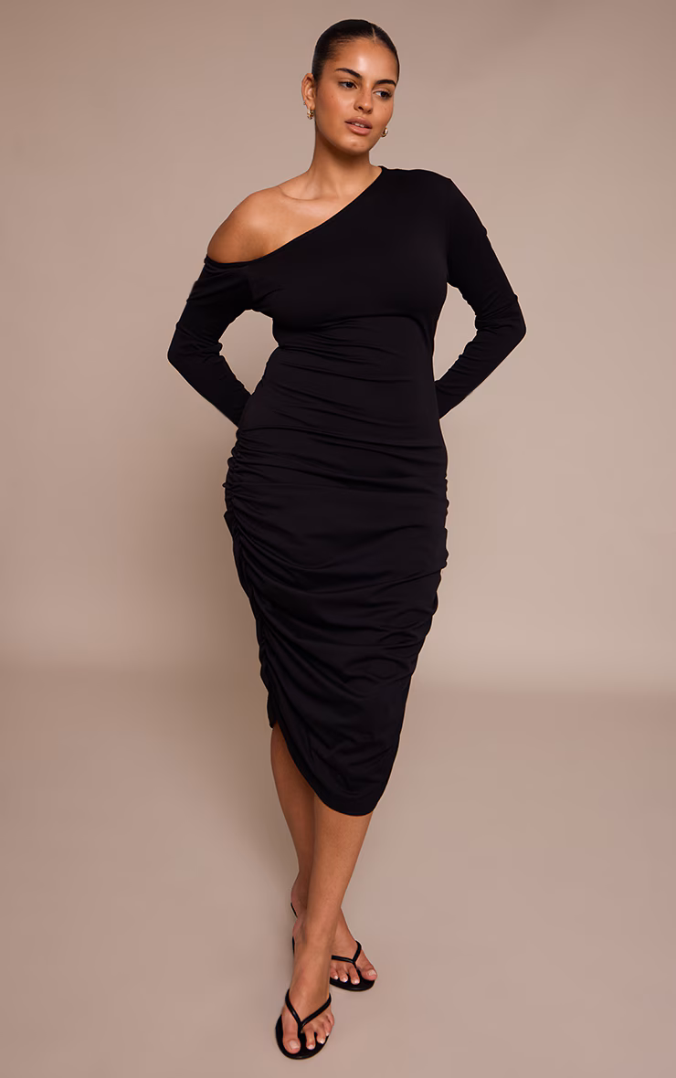 Plus Black Sculpt Off Shoulder Ruched Midi Dress