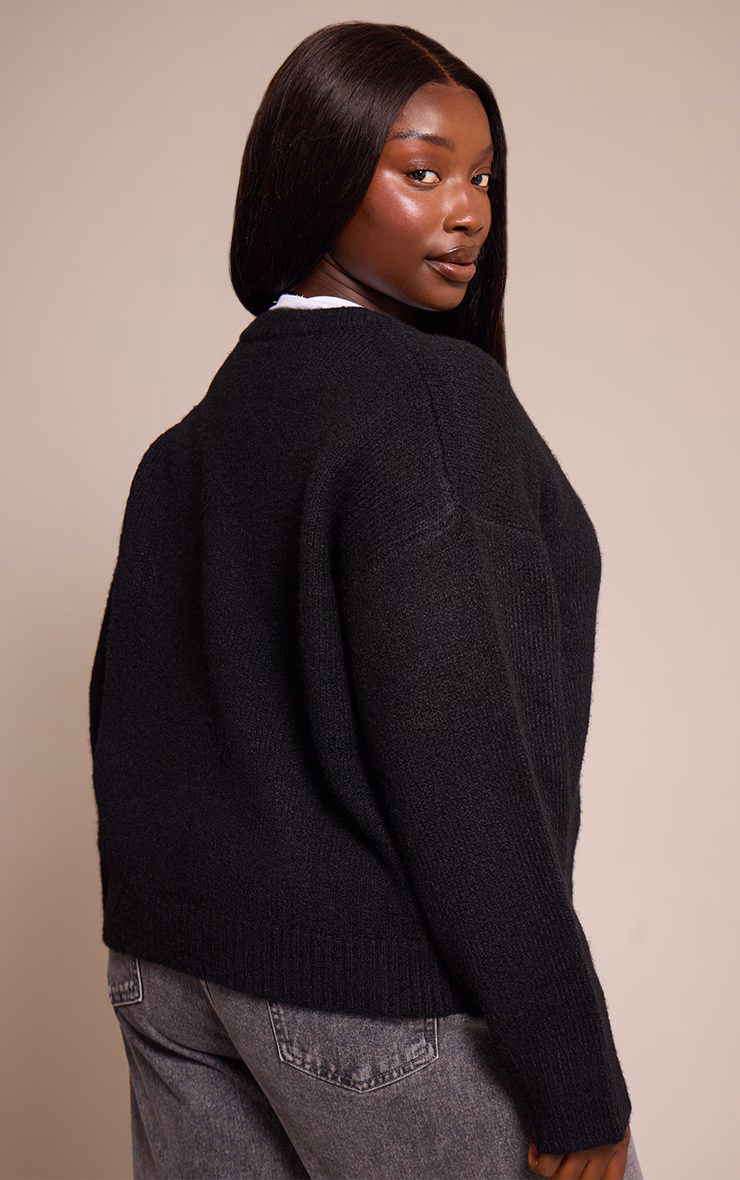 Plus Black Brushed Oversized Detail Round Neck Cardigan