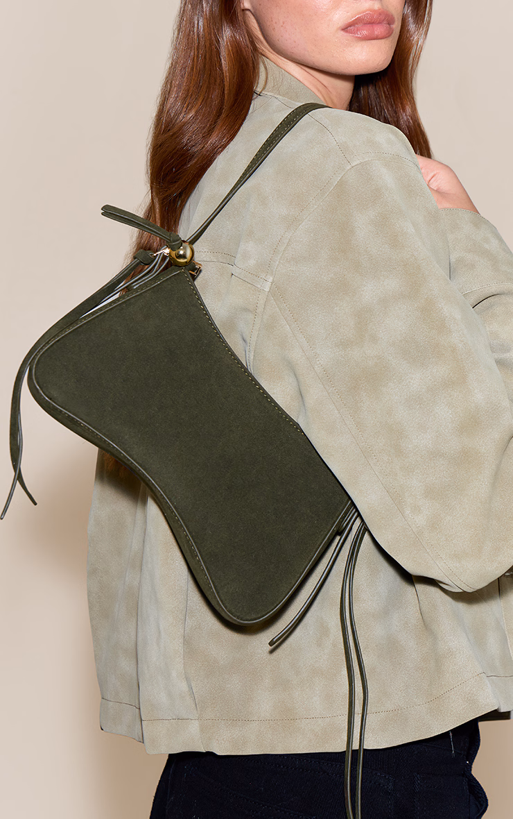 Olive Faux Suede Curved Beaded Shoulder Bag