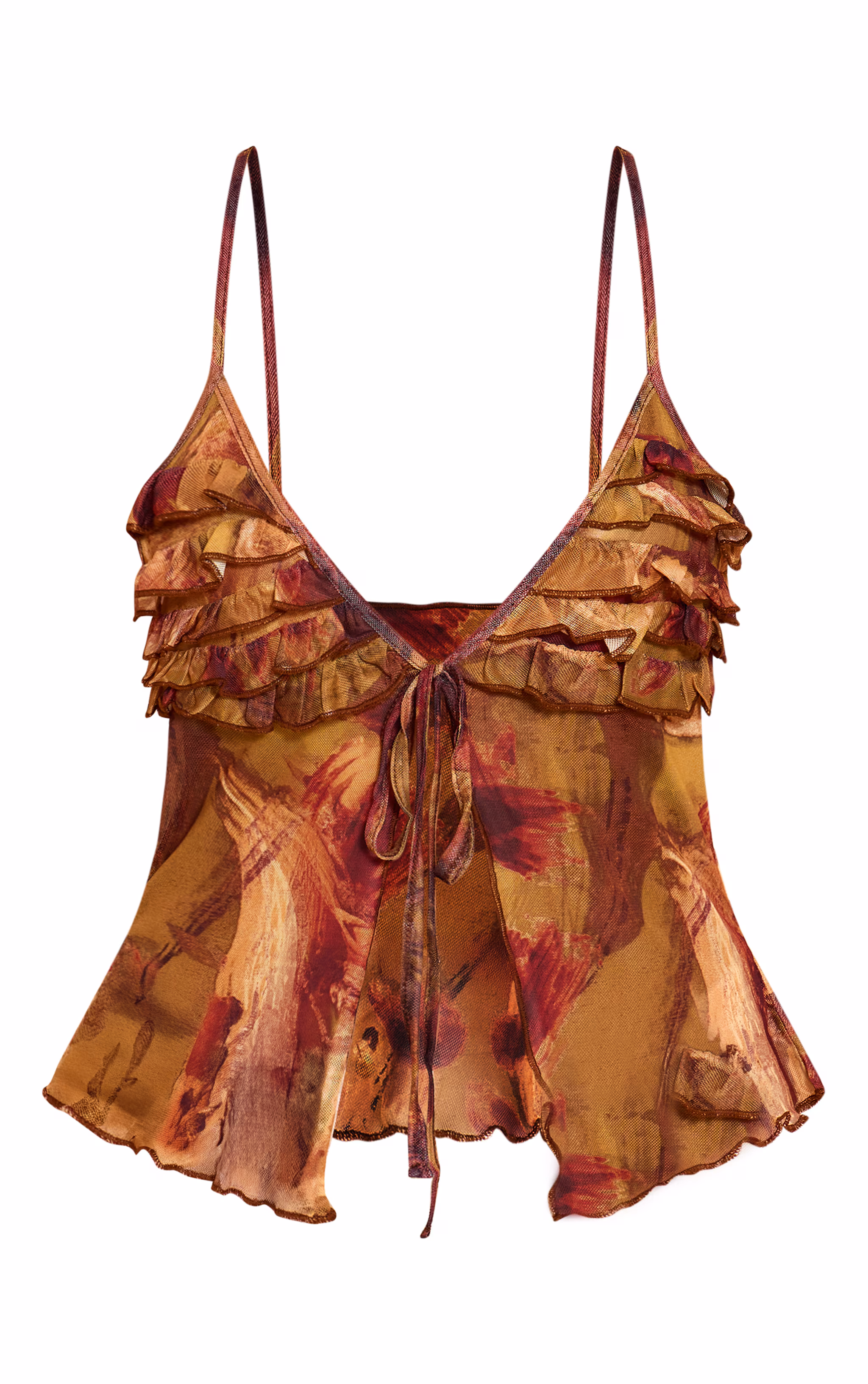 Olive Abstract Printed Mesh Ruffle Bust Tie Front Top