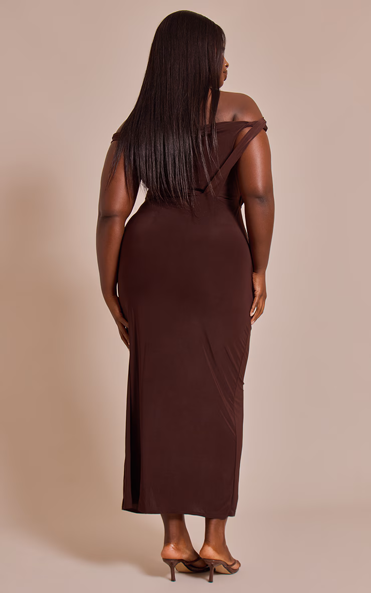 Plus Chocolate Slinky Twist Detail Maxi Dress