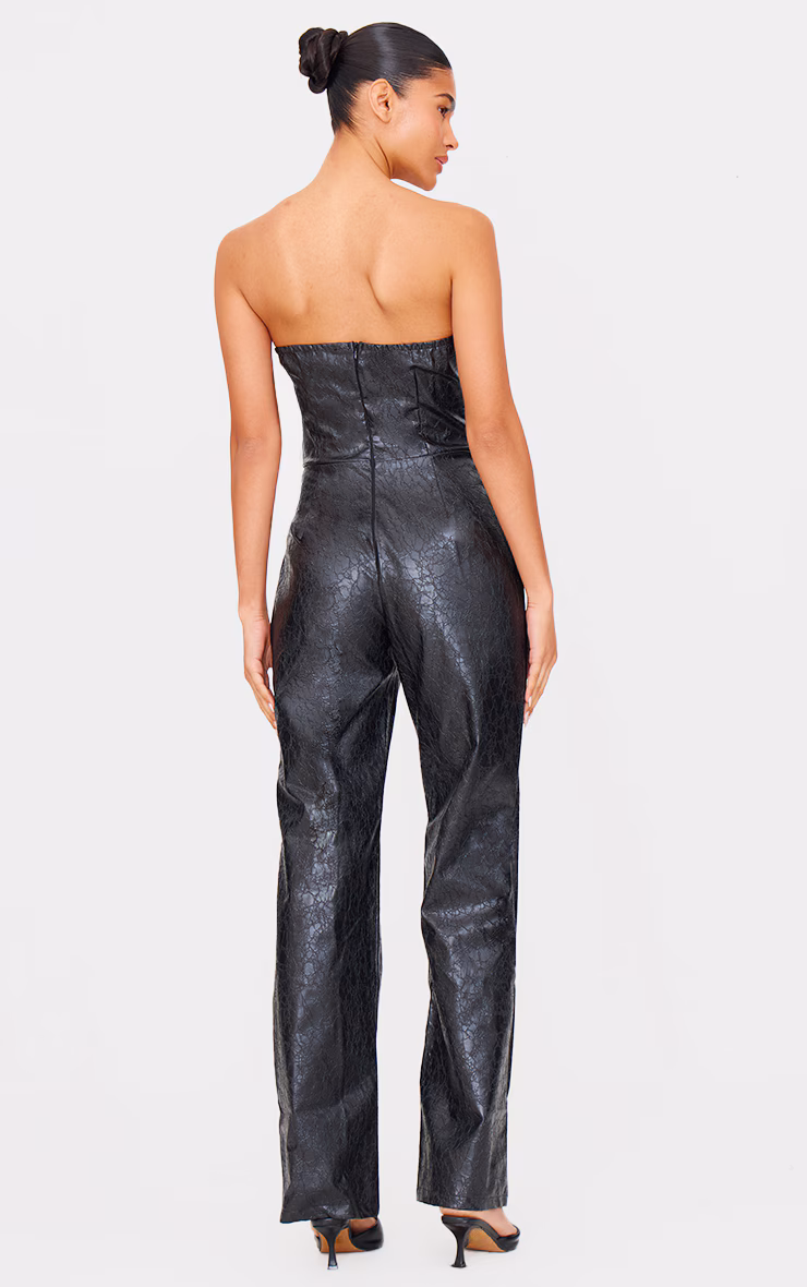 Black Croc Faux Leather Bandeau Plunge Straight Leg Jumpsuit