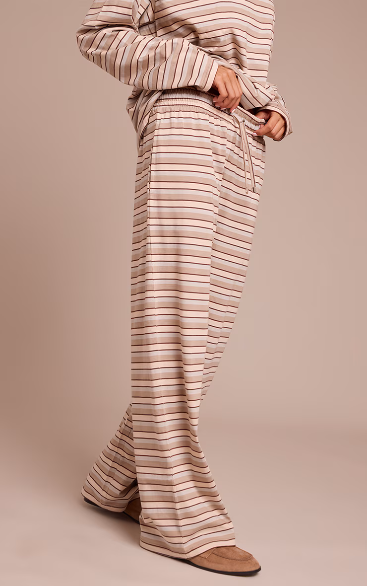 Light Brown Striped Wide Leg Drawstring Pants