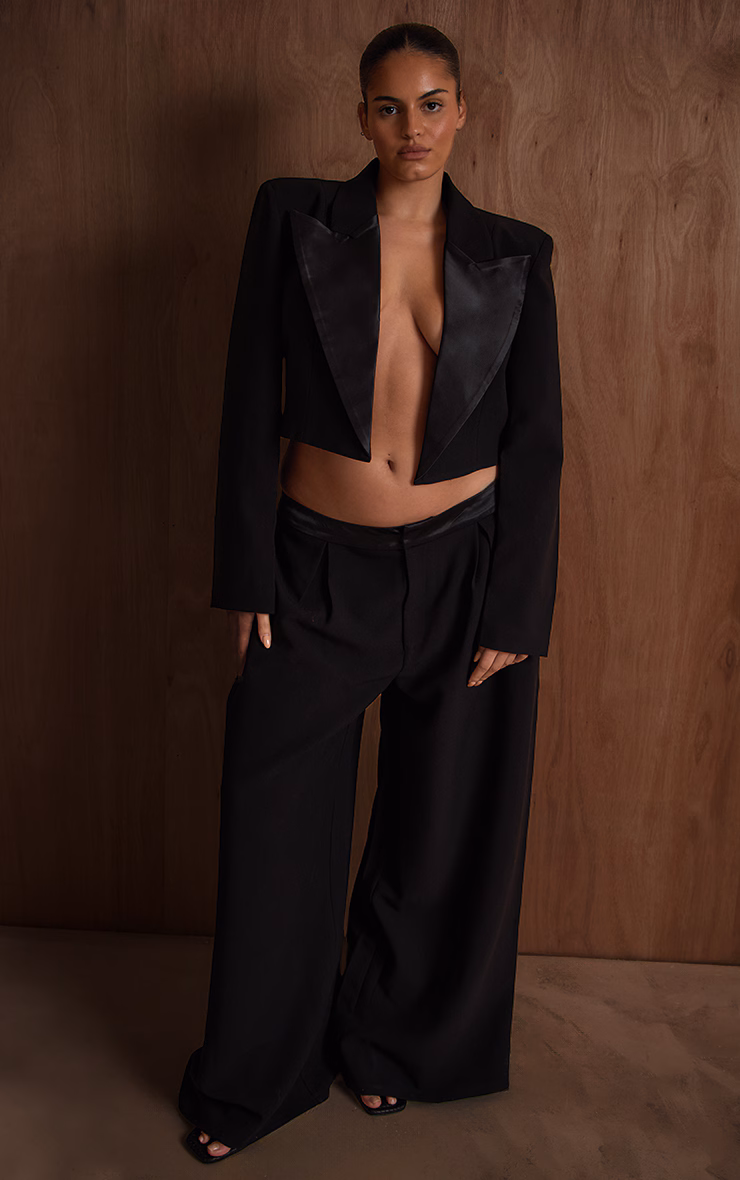 PLT Label Plus Black Satin Lapel Cropped Blazer