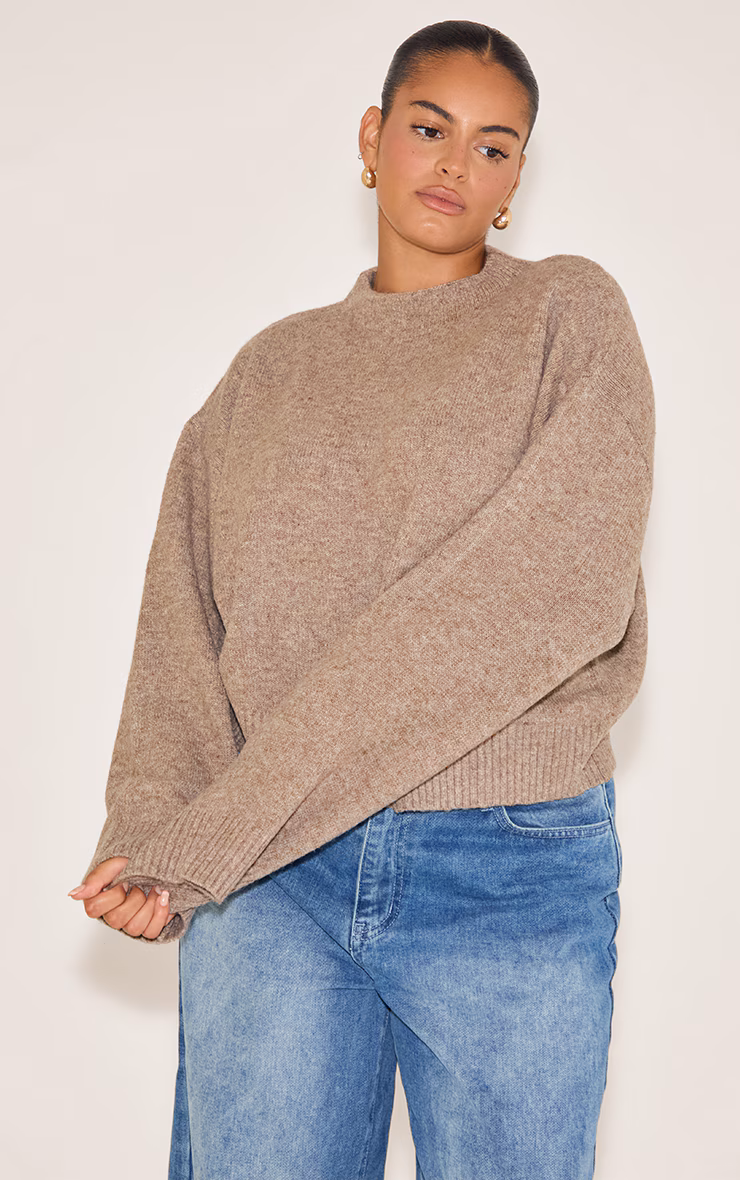 Plus Taupe Knit High Neck Crop Sweater