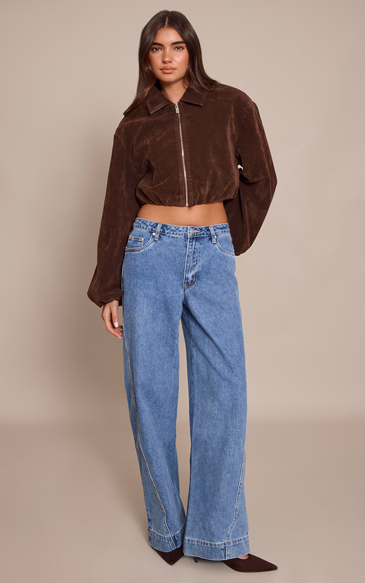 Mid Blue Relaxed Mid Rise Seam Detail Wide Leg Jeans