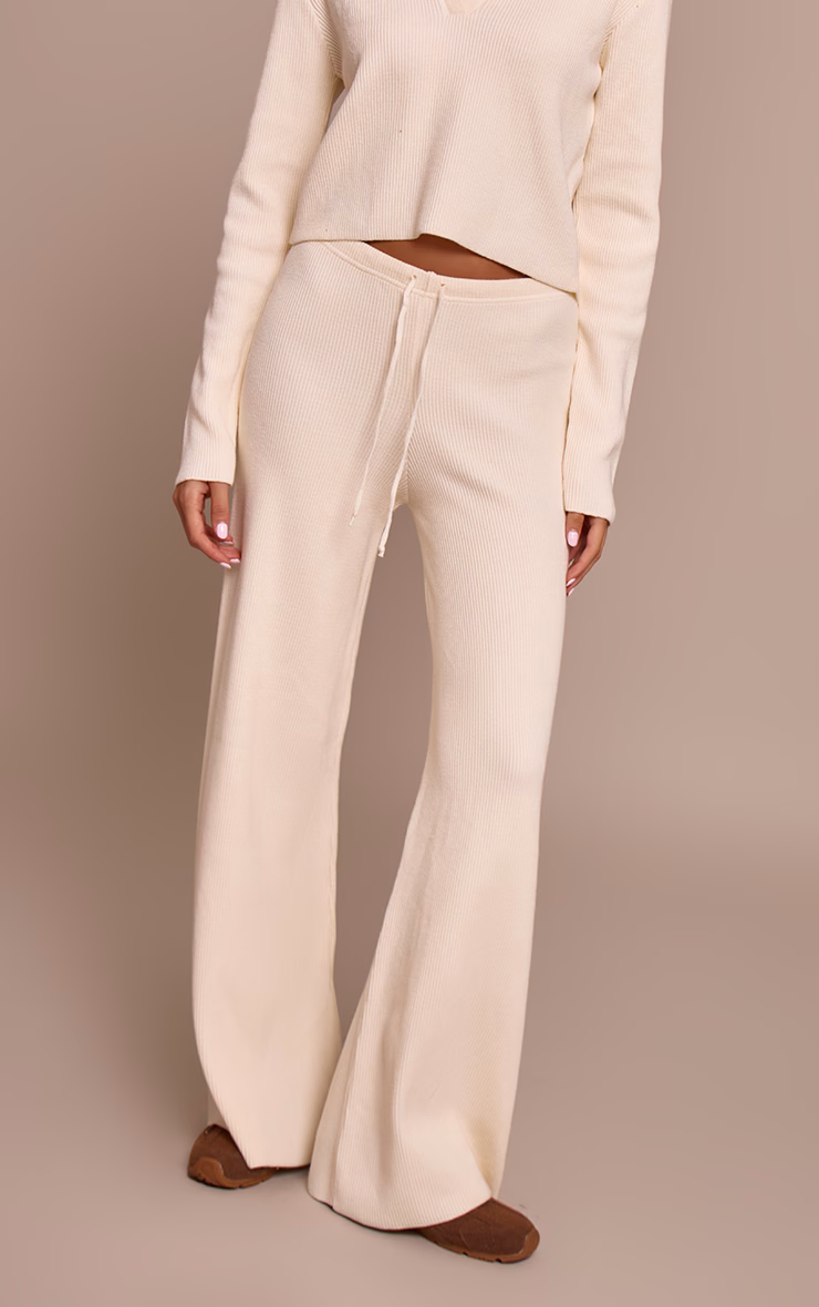 Cream Ribbed Wide Leg Knit Pants