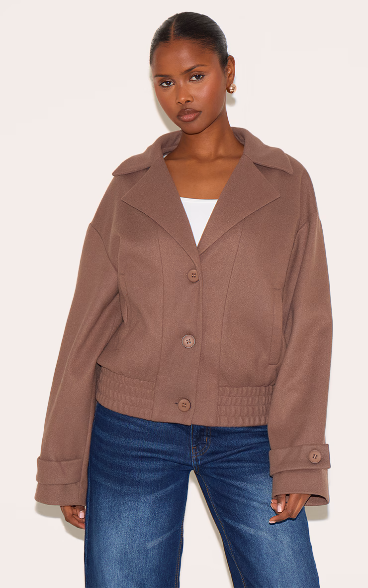 Mushroom Wool Look Button Up Front Bomber Jacket