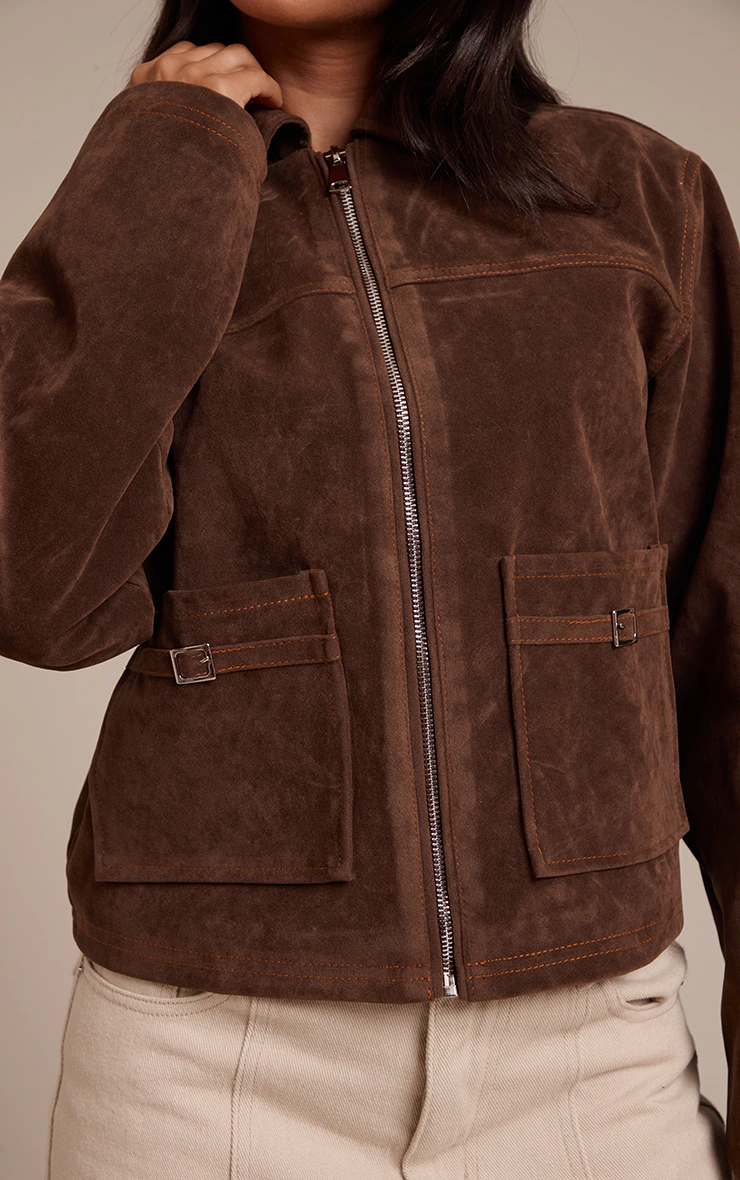 Petite Chocolate Brown Pocket Detail Faux Suede Jacket