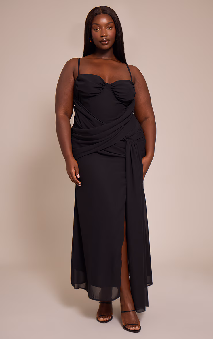 Plus Black Chiffon Drape Detail Maxi Dress