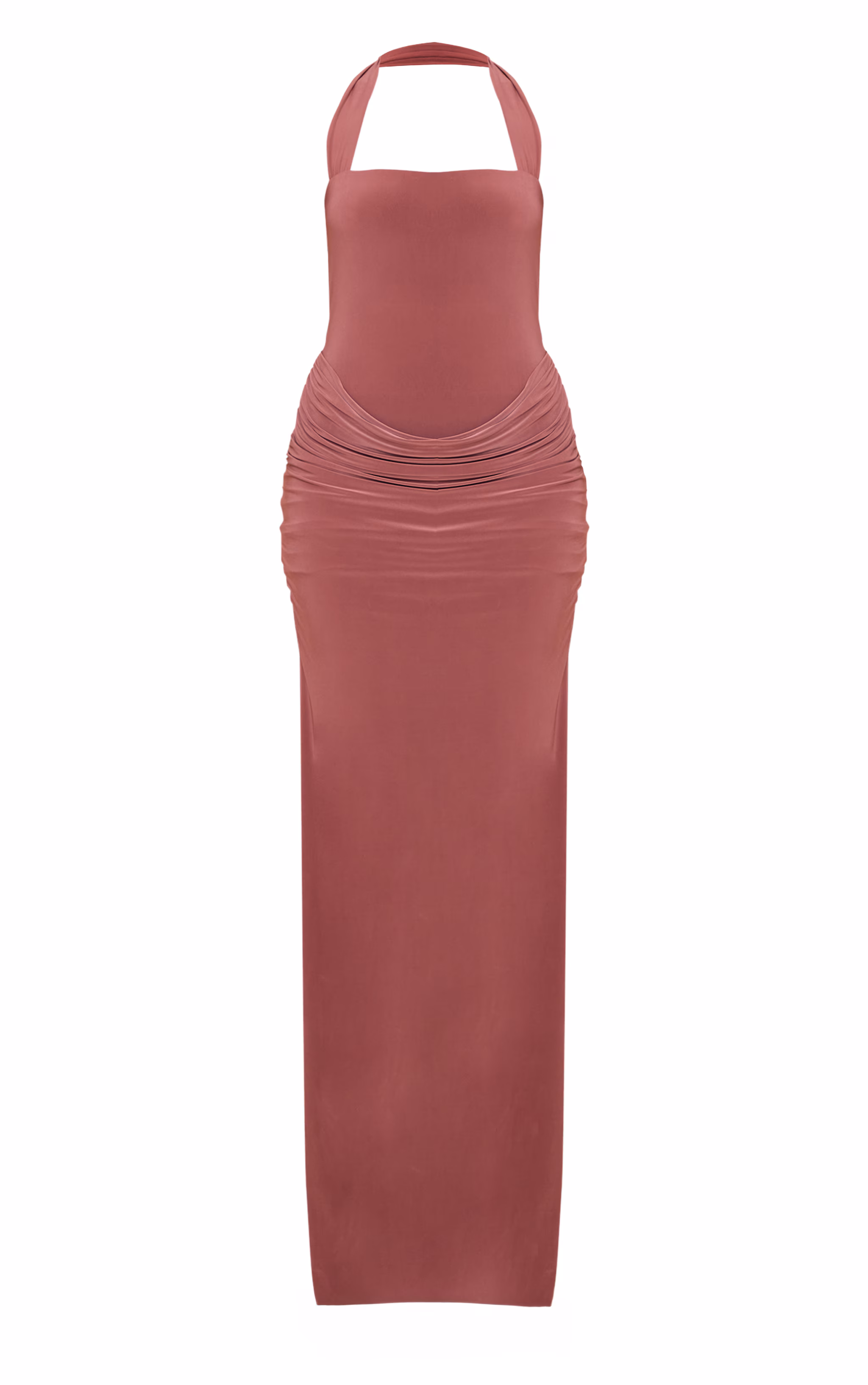 Mauve Double Layer Slinky Square Halterneck Drape Detail Maxi Dress