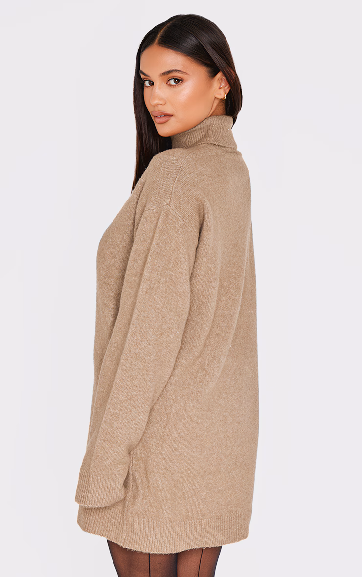 Light Mocha Soft Knit Roll Neck Oversized Seam Detail Sweater Dress
