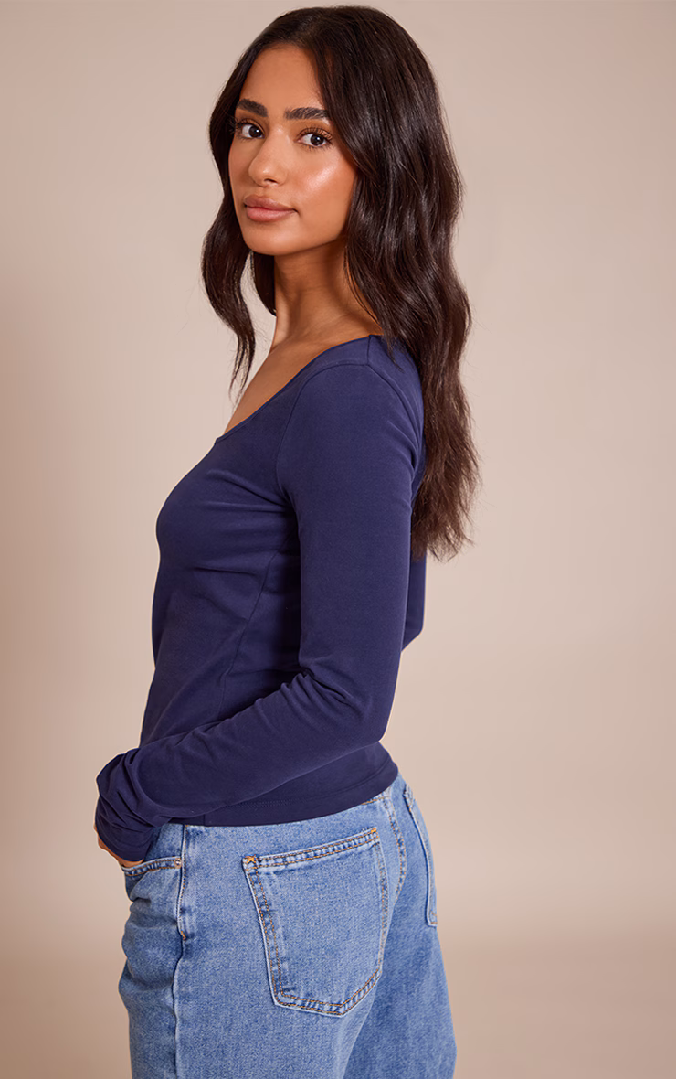 Petite Dark Indigo Soft Cotton Scoop Neck Long Sleeve Top