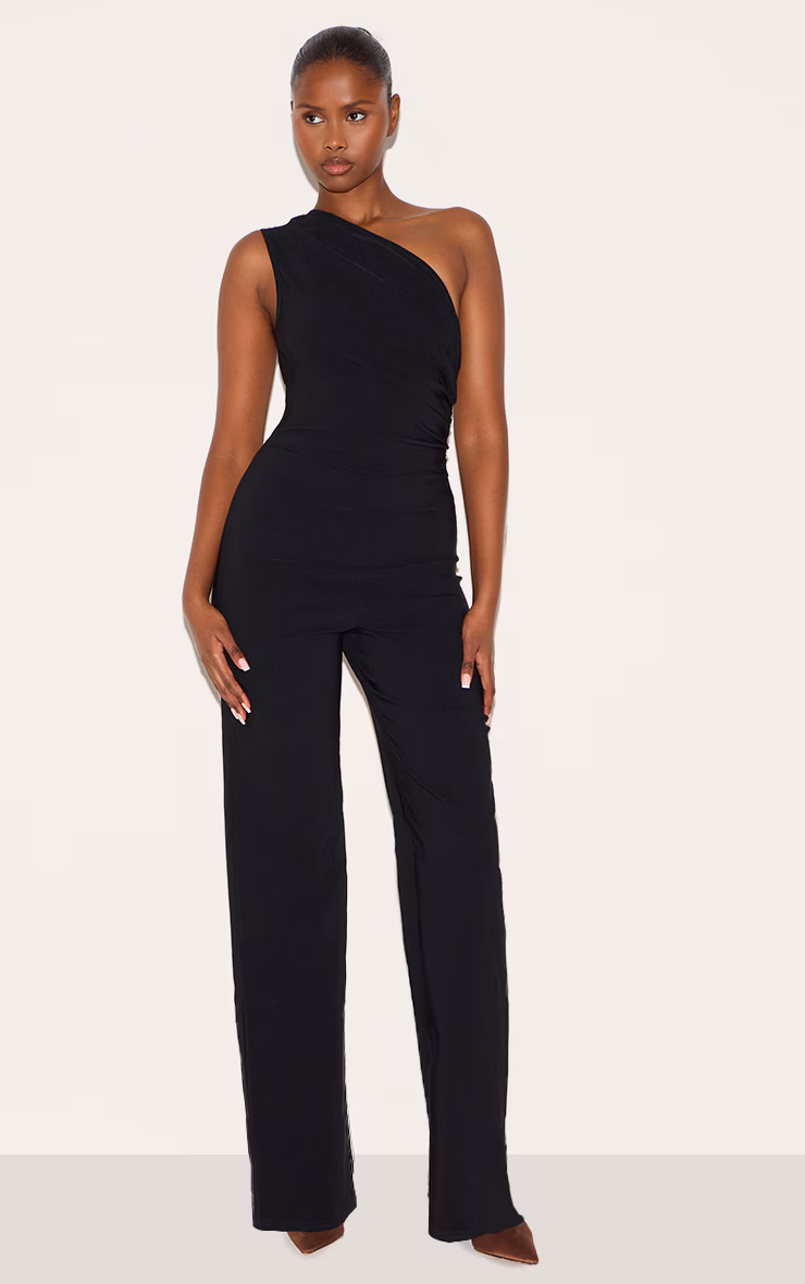 Black Stretch Woven One Shoulder Ruched Flared Jumpsuit