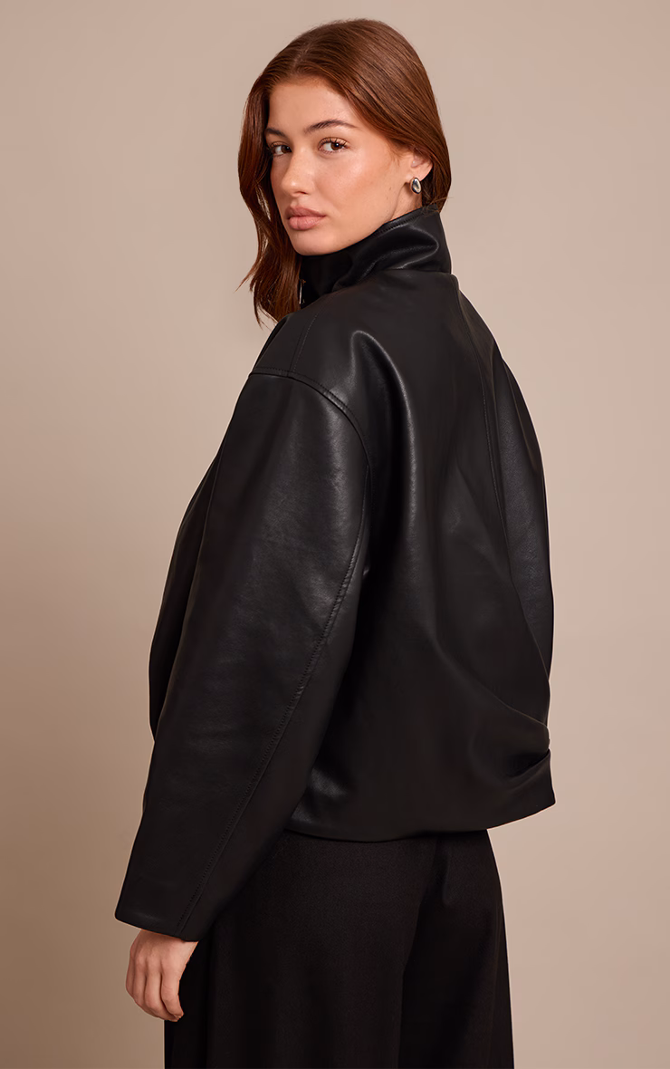 Black Faux Leather Funnel Neck Gathered Back Bomber Jacket