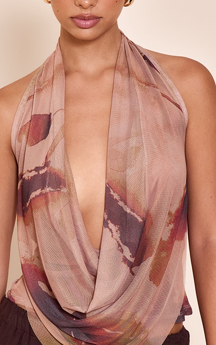 Beige Floral Printed Halter Neck Top