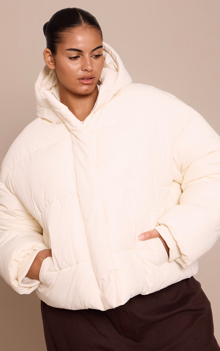 Plus Cream Cropped Drawstring Puffer Jacket