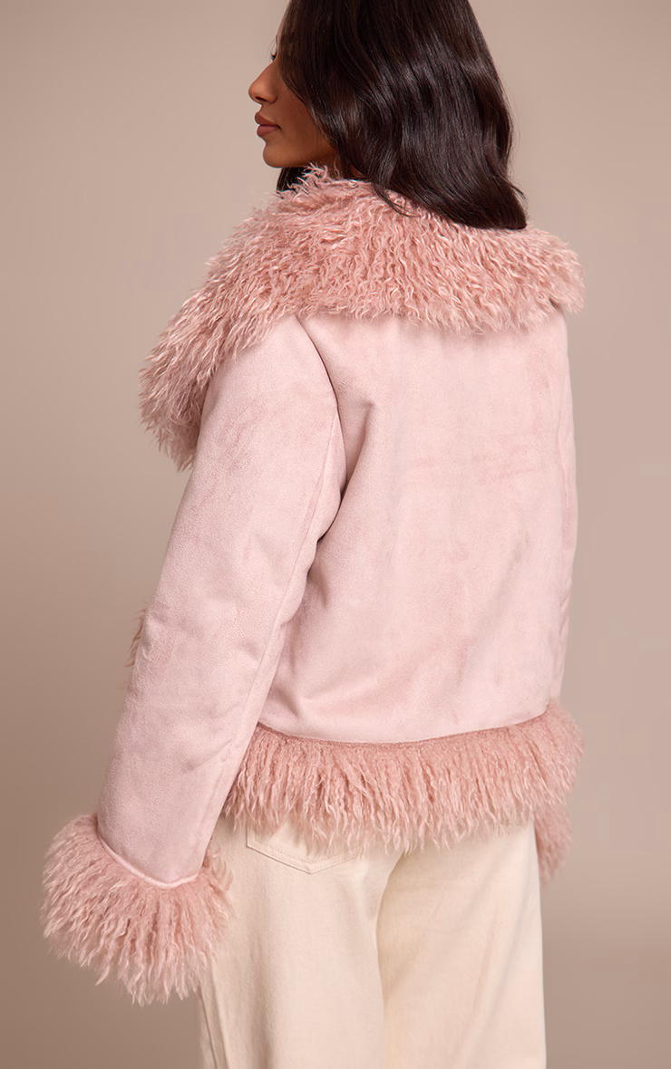 Petite Pink Faux Suede Fur Trim Afghan Coat