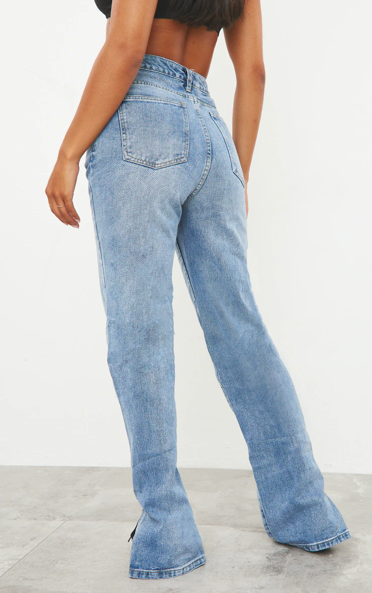 Mid Blue Wash Split Hem Straight Leg Jeans