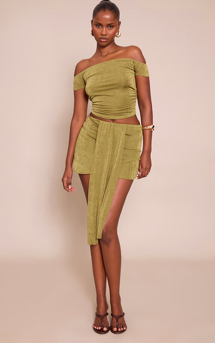 Olive Textured Drape Wrap Over Mini Skirt