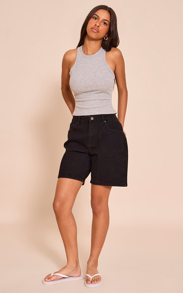 Petite Grey Soft Rib Racer Neck Vest Top