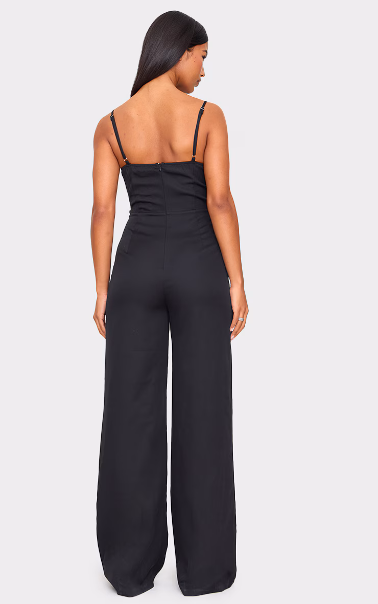 Black Woven Corset Lace Panel Strappy Jumpsuit
