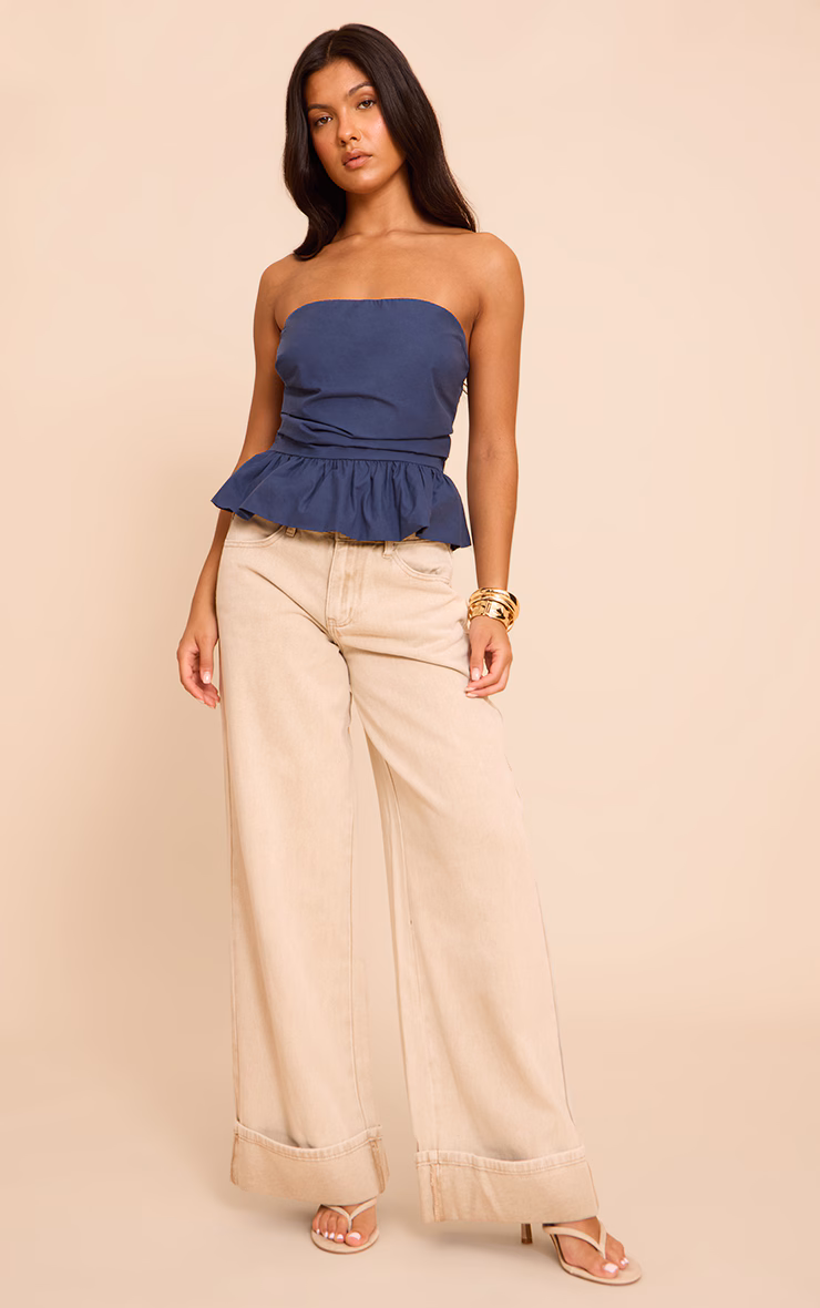 Navy Cotton Bandeau Peplum Frill Top