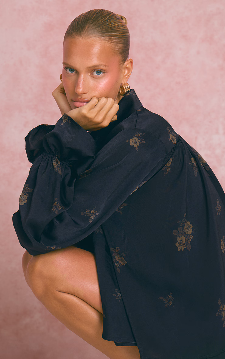 Navy Floral Ditsy Satin Long Sleeve Blouse