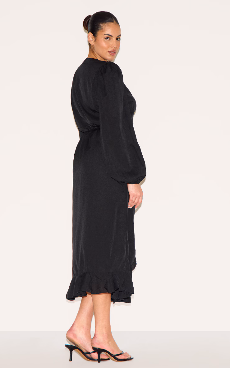 Plus Black Ruffle Wrap Front Midi Dress