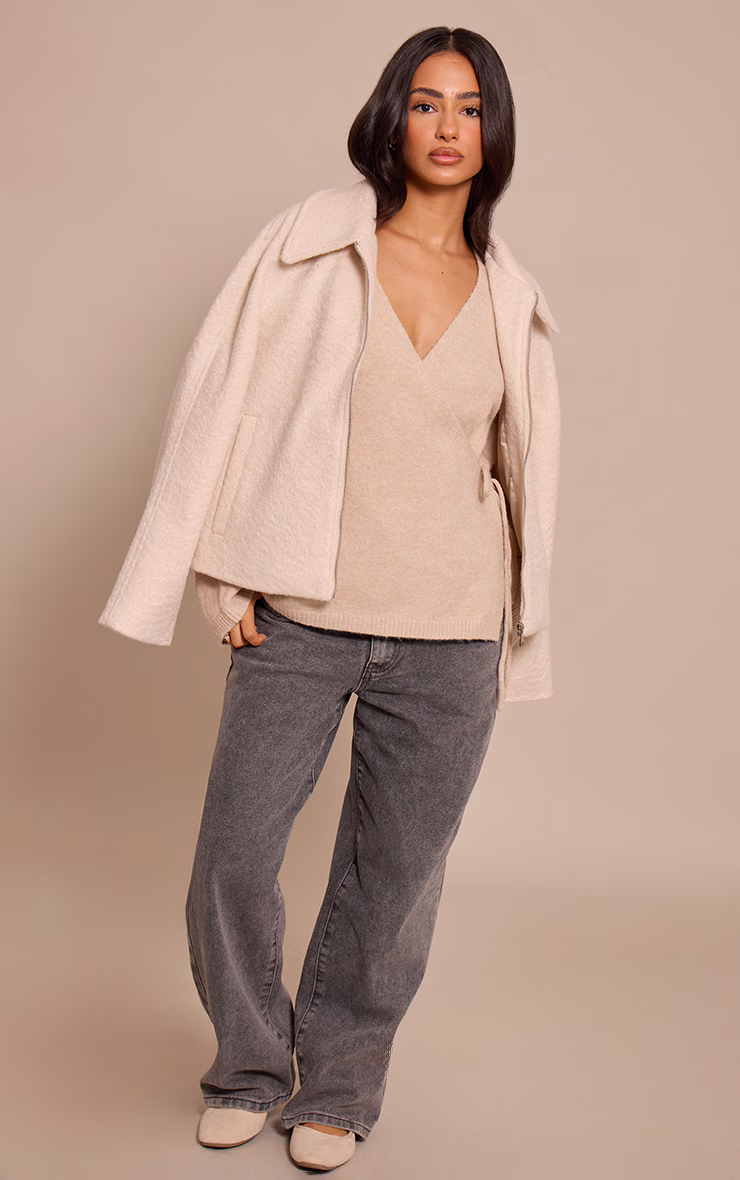 Petite Oatmeal Wrap Tie Side Knitted Sweater