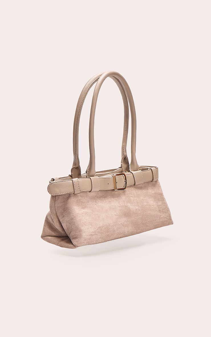 Mushroom Suede Belted PU Elongated Shoulder Bag