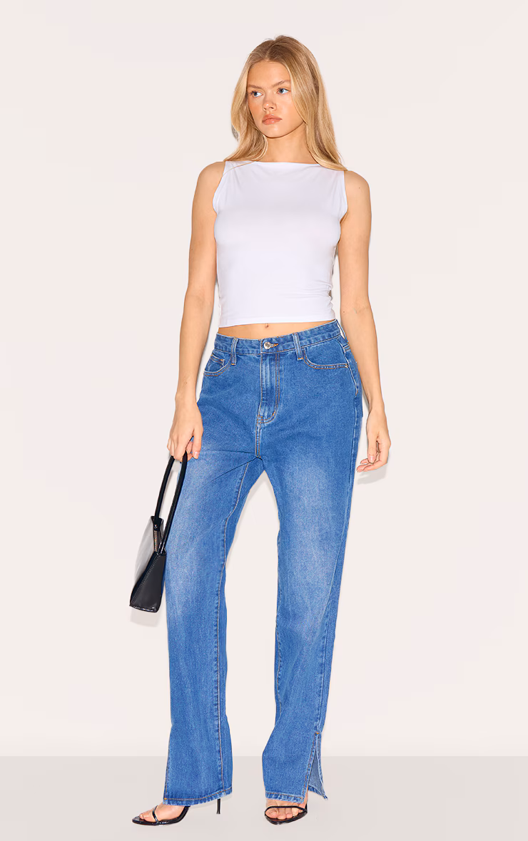 Mid Blue Wash L30 Denim Split Hem Jeans